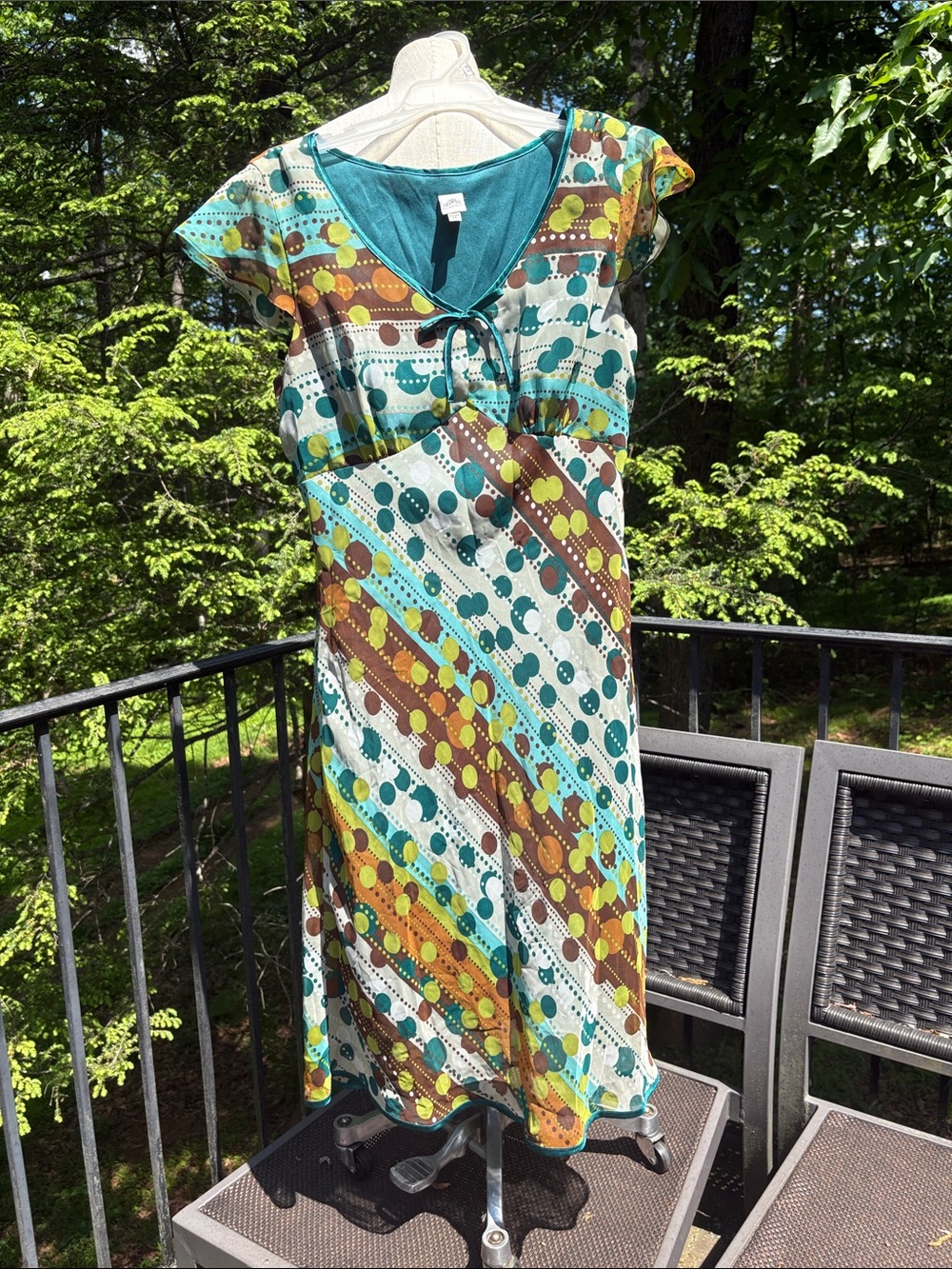 Sangria Teal & Brown Polka Dot Midi Dress, layered, lightweight   sz 14